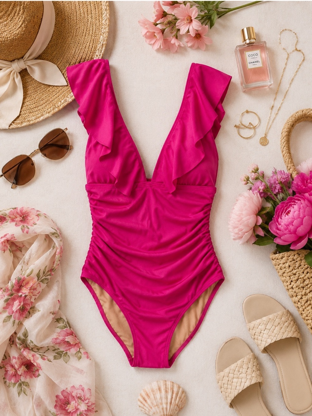 NWT J. Crew V-Neck Ruffle Front One Piece Swimsuit Radiant Fuchsia Size 12 - Picture 15 of 16
